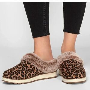 Skechers BOBs Knit Faux Fur Leopard Print Clog Slippers Keepsakes 2.0 Sz. 6.5